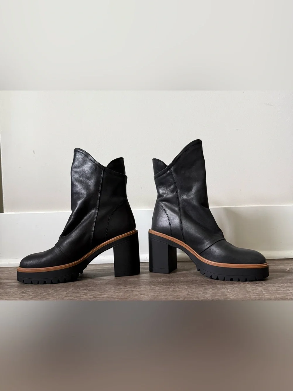Free People Black Leather Zip Platform Ankle Boots with Tan Trim